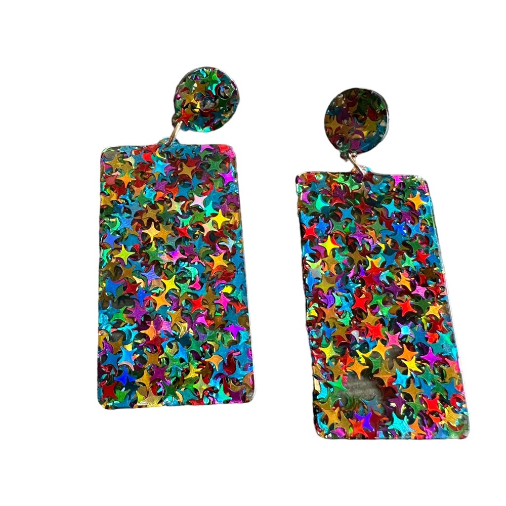 Colorful Star Filled Acrylic Rectangle Drop Earrings